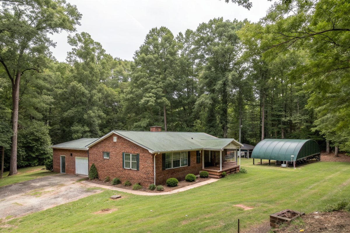 A brick ranch house with a green metal-roof workshop on a wooded lot