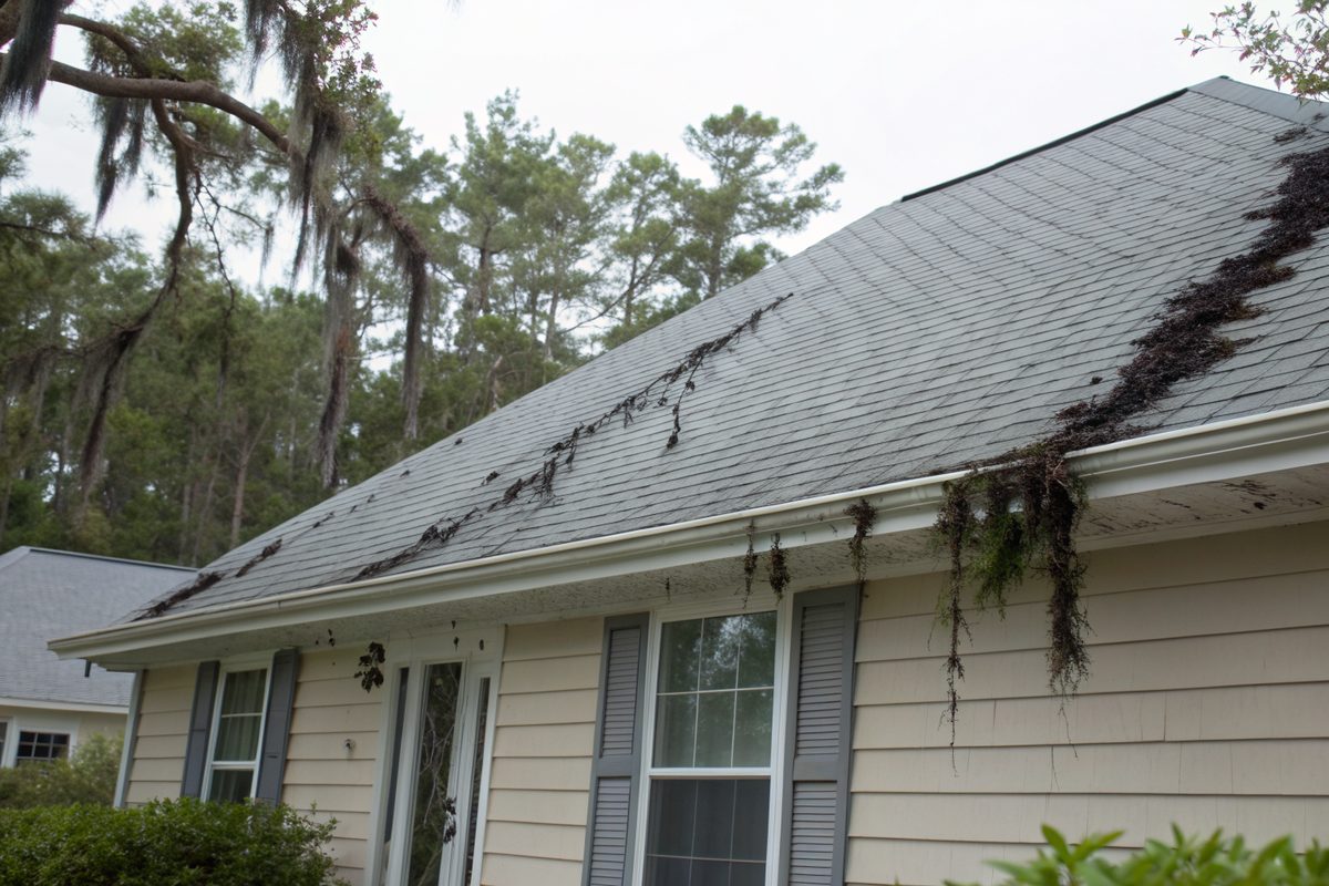 Black algae streaks running down a light gray shingle roof