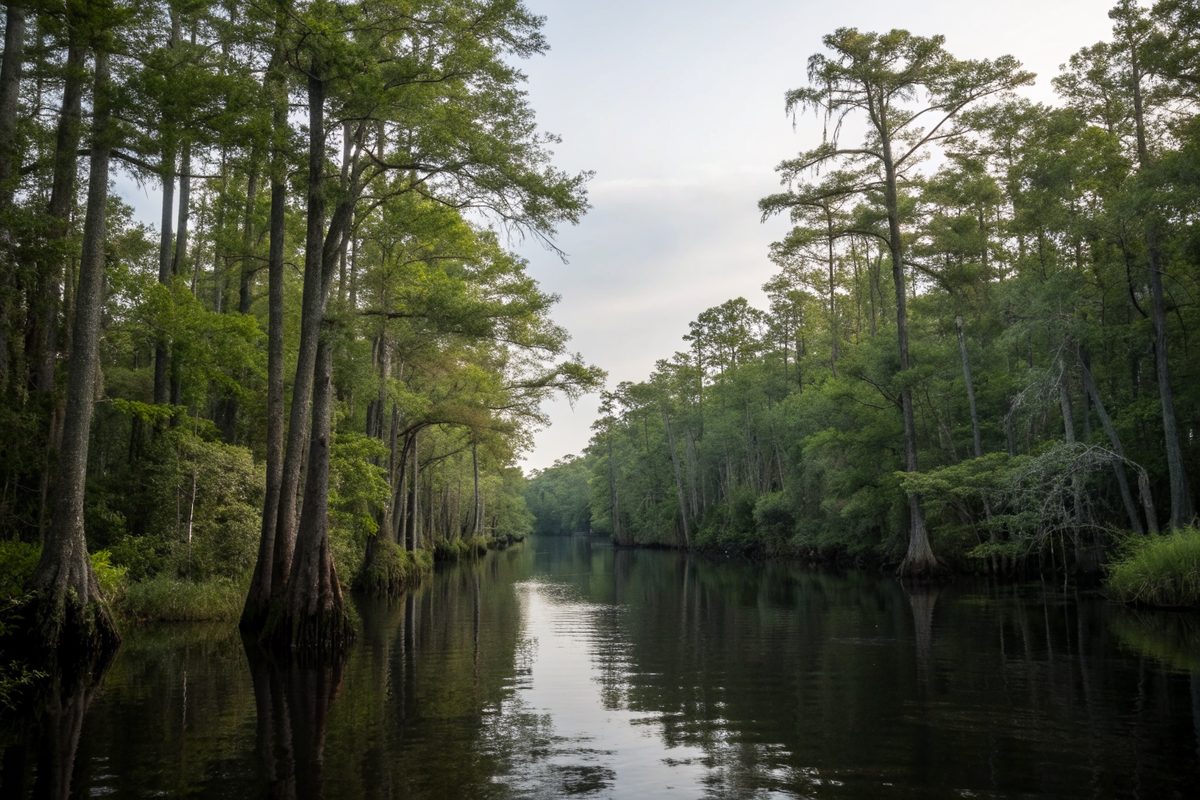 A blackwater river lined with cypress trees