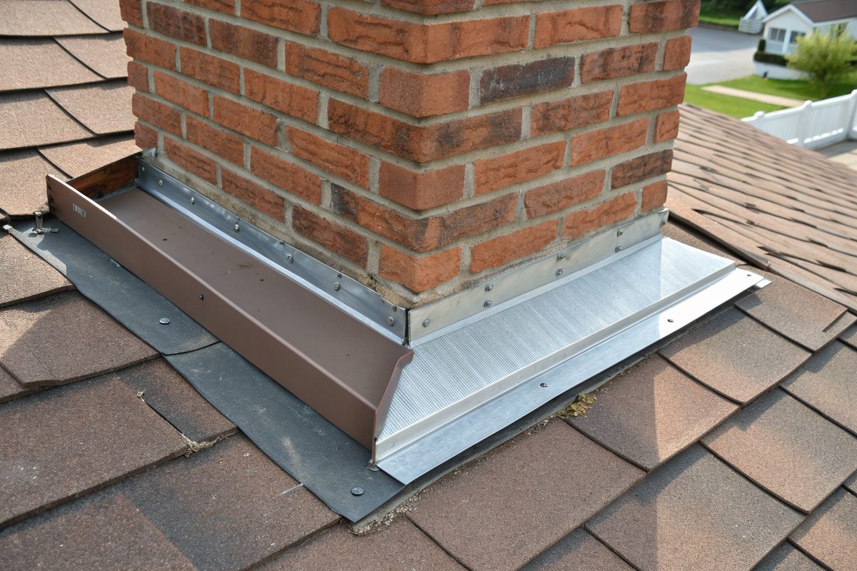 New metal flashing where a shingle roof meets a brick chimney