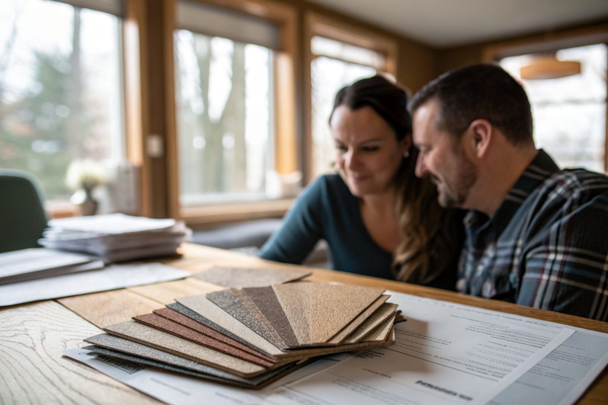 A couple reading a printed roofing estimate beside shingle samples