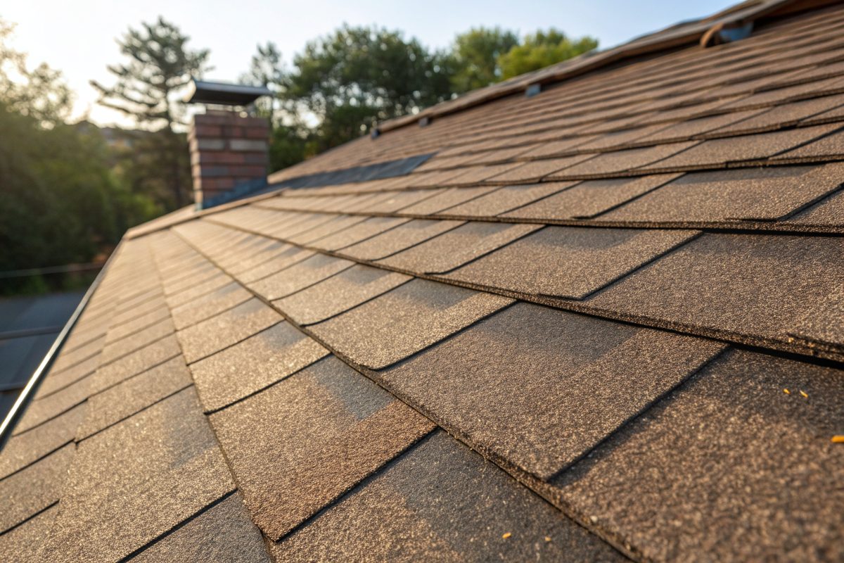 Close view of new driftwood brown architectural shingles