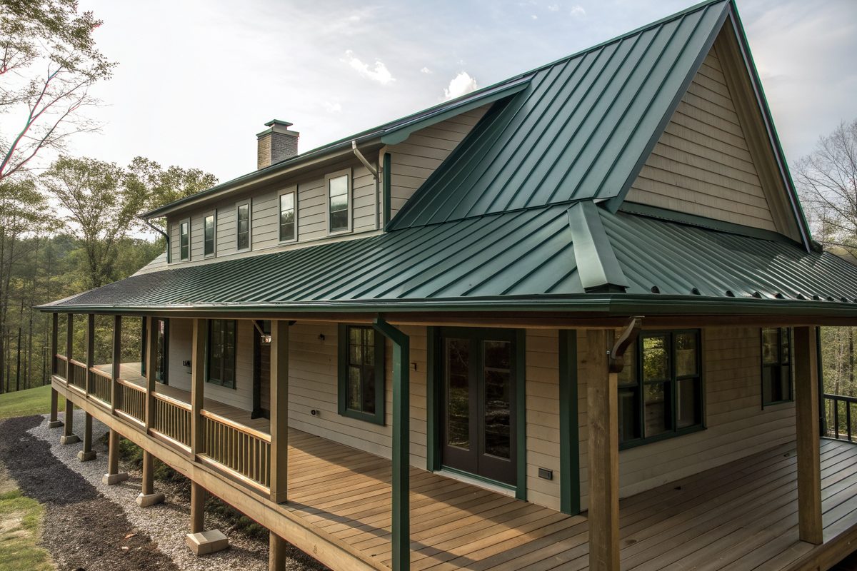 A dark green standing-seam metal roof over a country porch