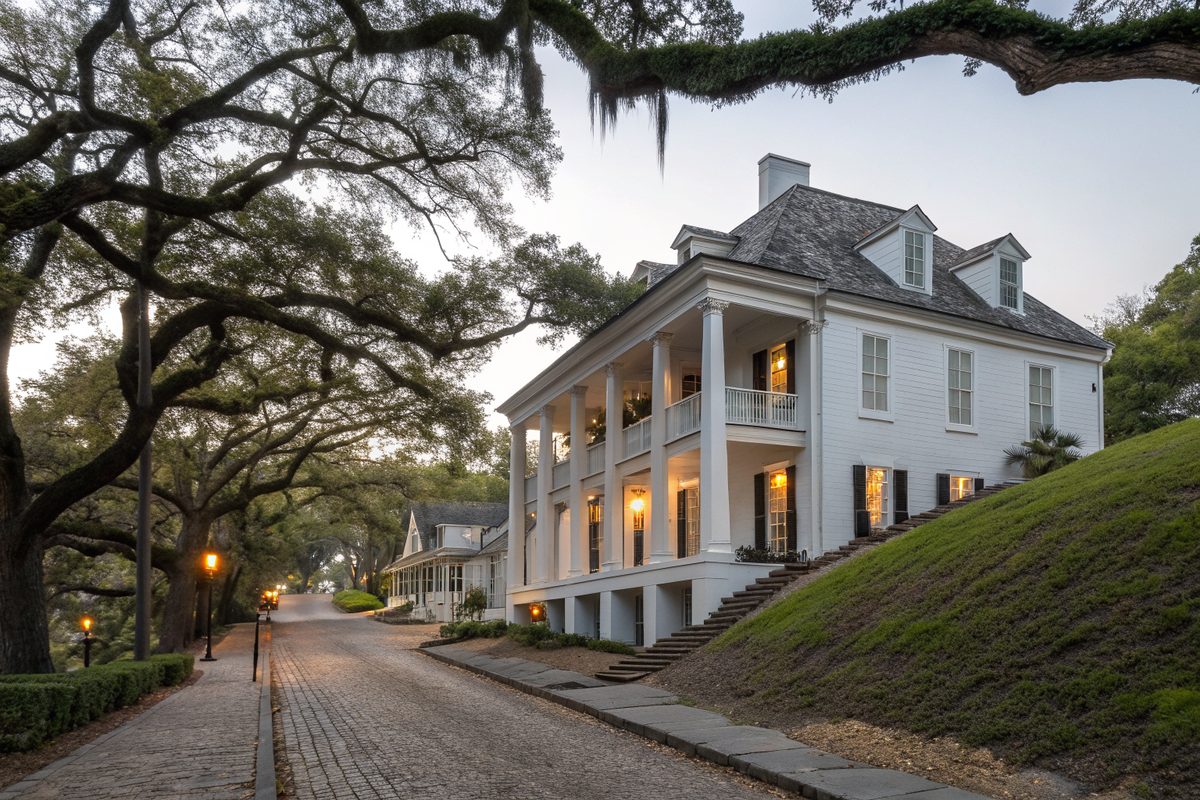 A white colonial revival house with columns and a gray shingle roof