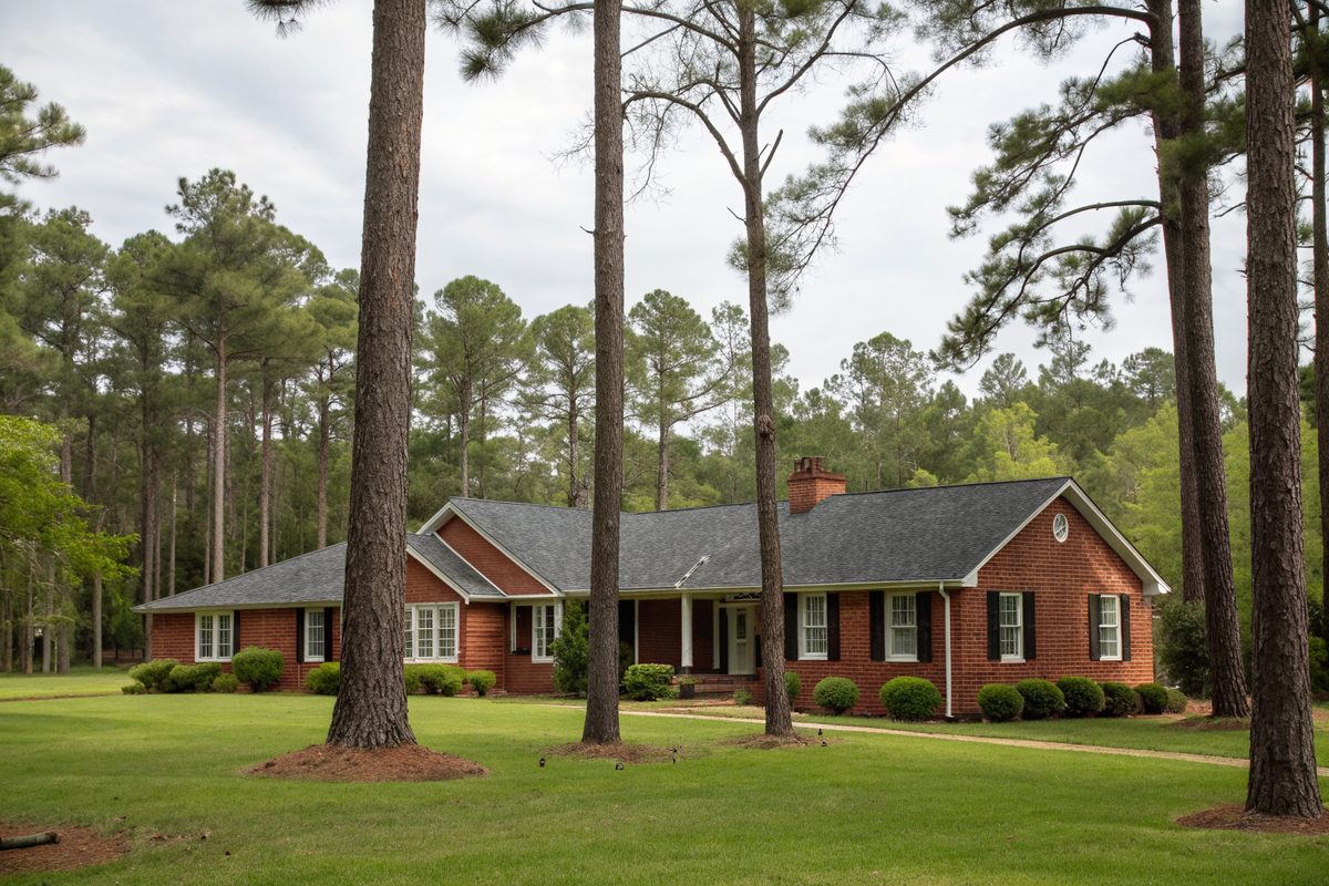 A brick ranch house with a charcoal shingle roof under tall pines