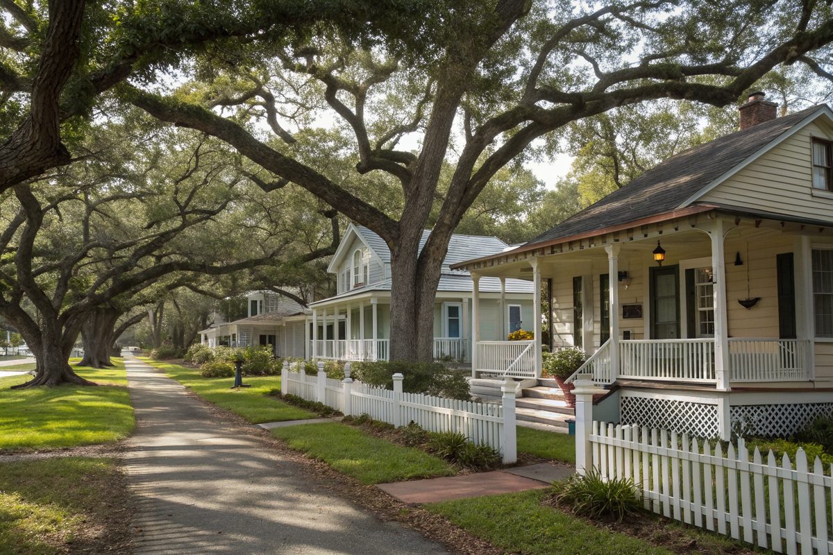 Restored cottages and bungalows with porches under big oaks