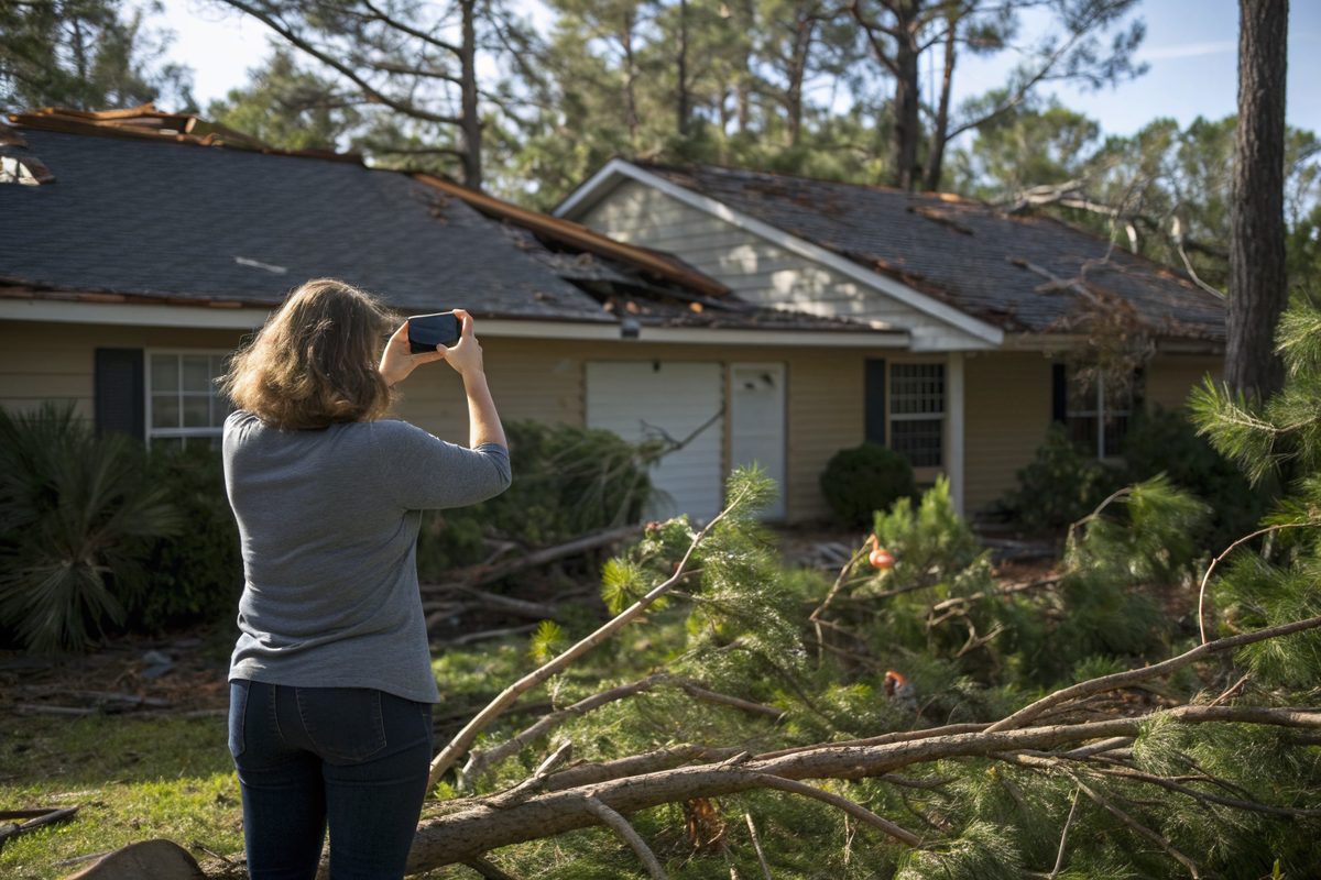 A homeowner photographing her roof with a phone after a storm