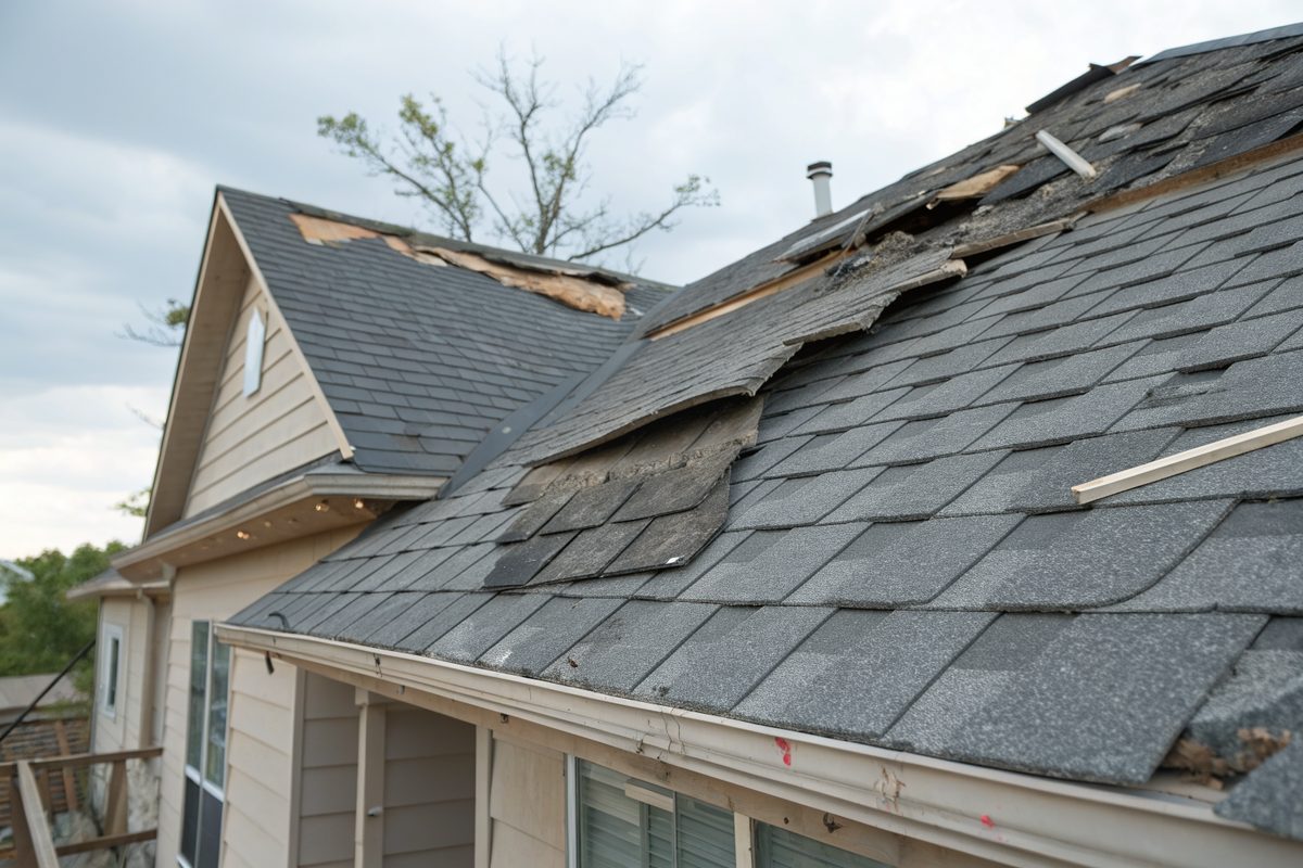 Wind-lifted and torn gray shingles near a roof ridge