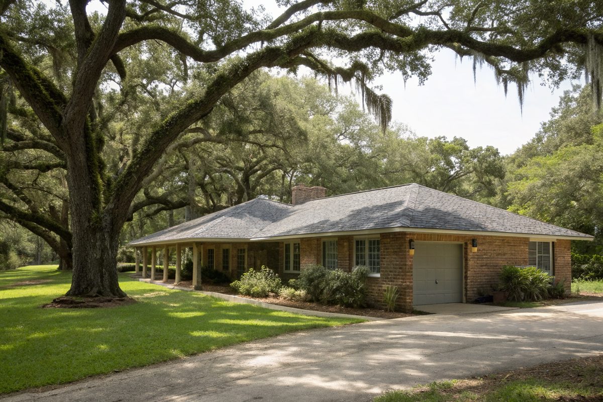 A mid-century brick ranch with a low gray shingle roof under oaks
