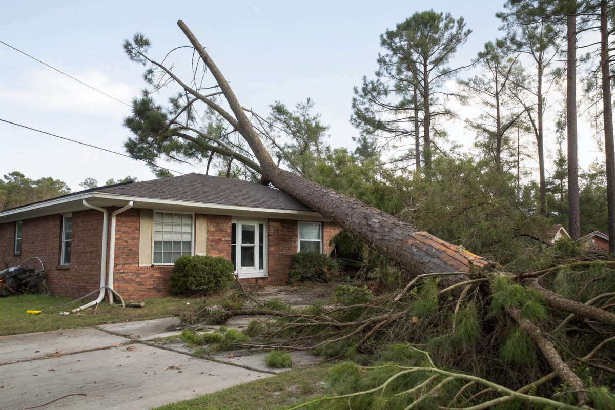 A pine tree fallen across the roof of a brick house after a hurricane