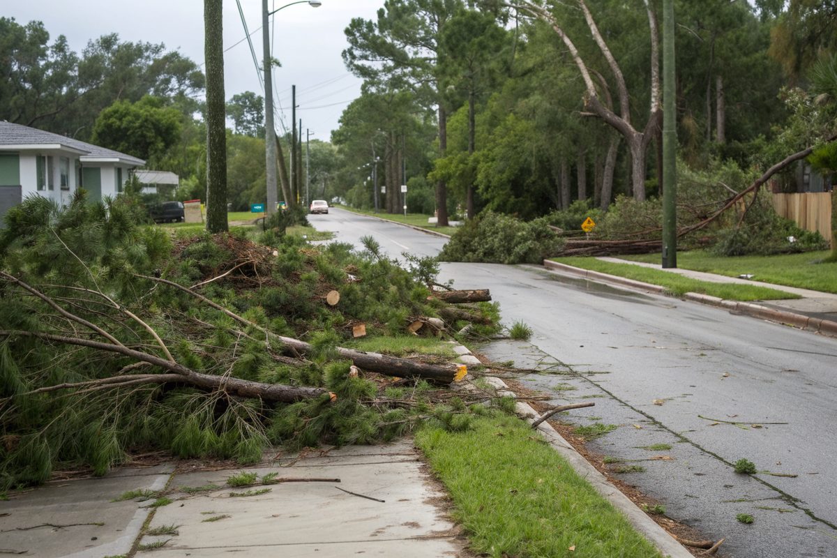 Broken pine limbs piled along a suburban curb after a tropical storm