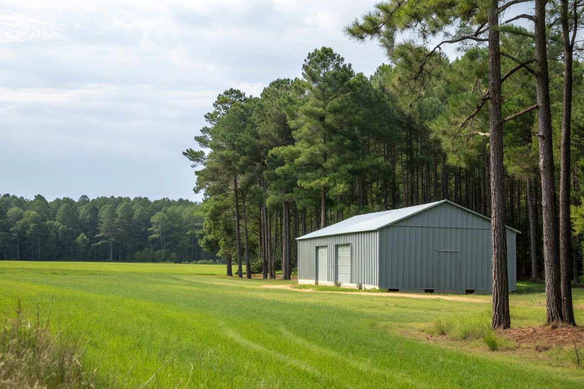 A metal pole barn beside a green field and pine woods