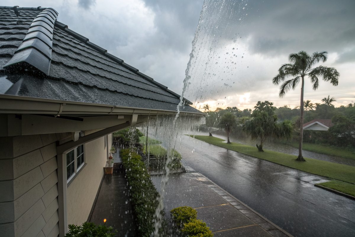 Rain pouring off a dark shingle roof during a heavy downpour