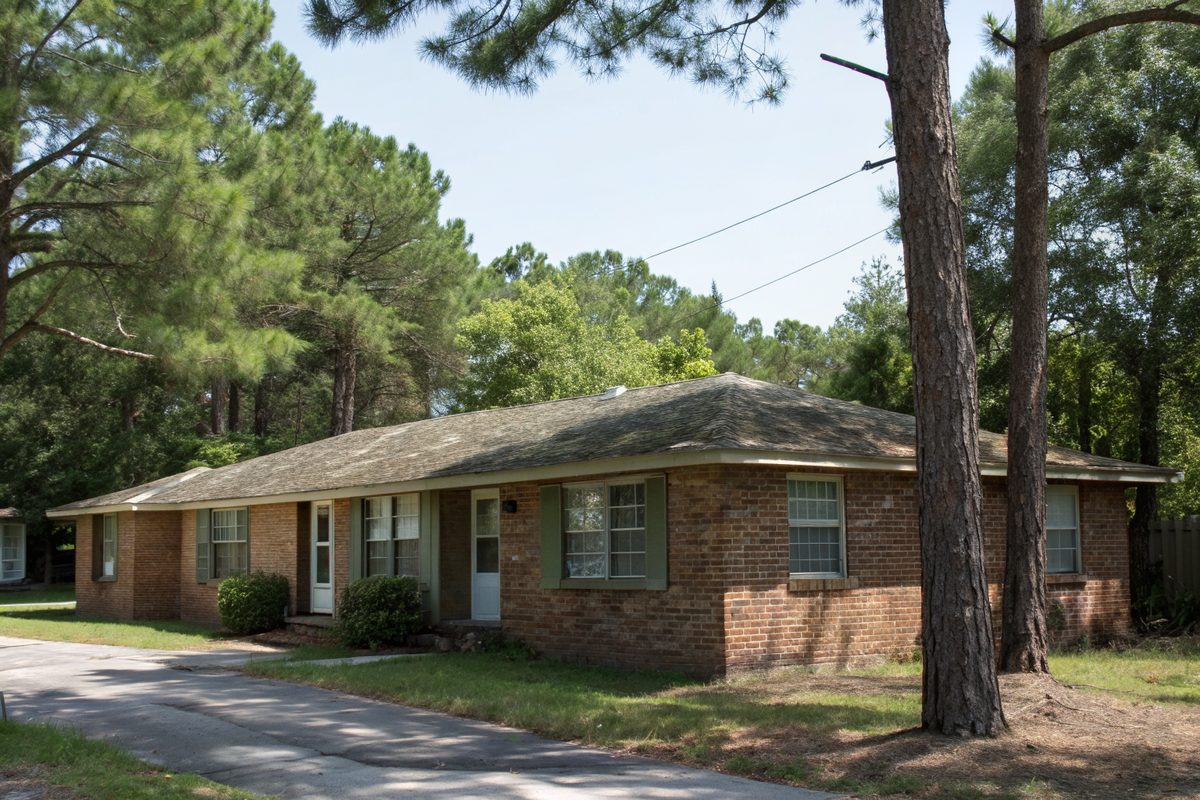 A brick duplex rental with a worn, algae-streaked shingle roof
