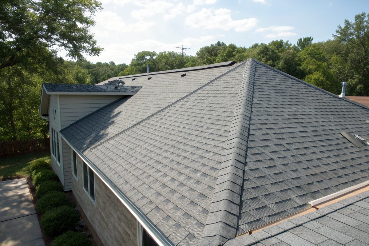 A shingle roof with a ridge vent along the peak