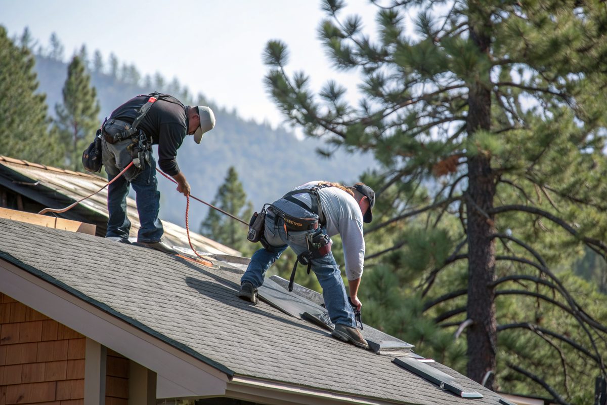 Two roofers in harnesses laying new shingles on a ranch house
