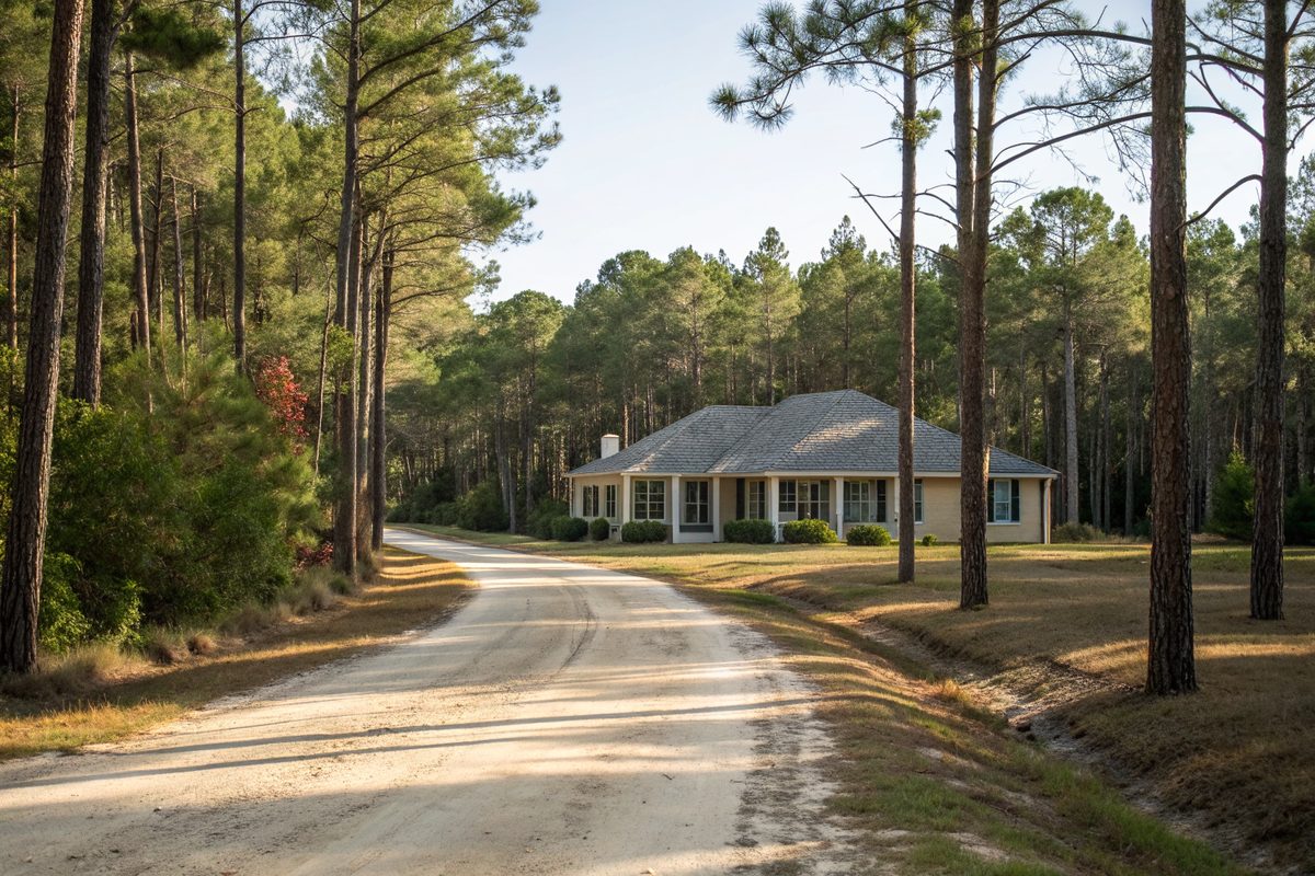 A rural home with a gray shingle roof at the end of a sandy lane in the pines