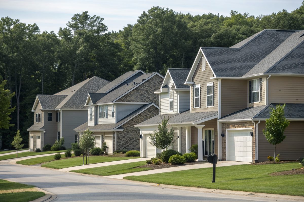 Newer two-story homes with gray shingle roofs in a subdivision