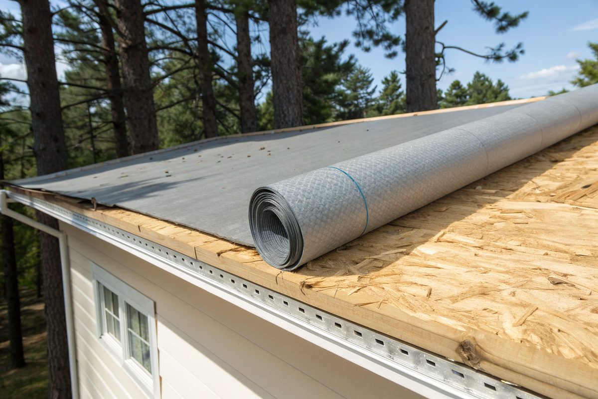 Synthetic underlayment and a drip edge along an eave over new decking
