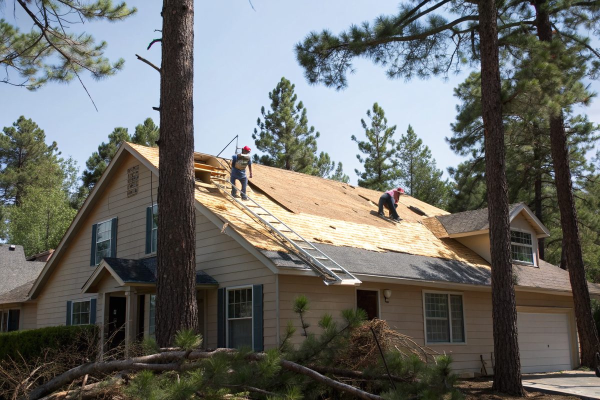A roof stripped to its plywood deck during a tear-off